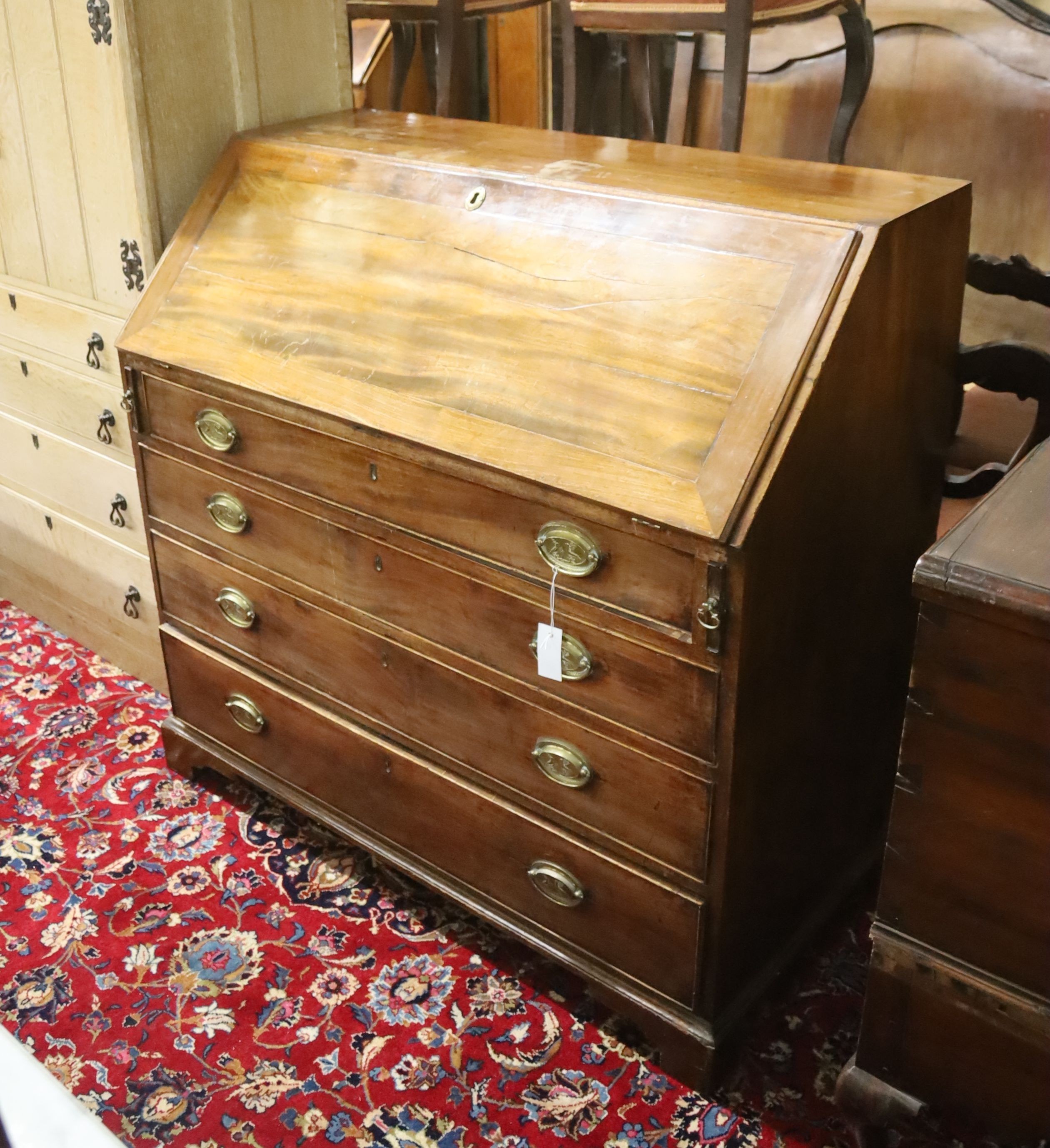 A George III mahogany bureau, width 107cm, depth 54cm, height 104cm